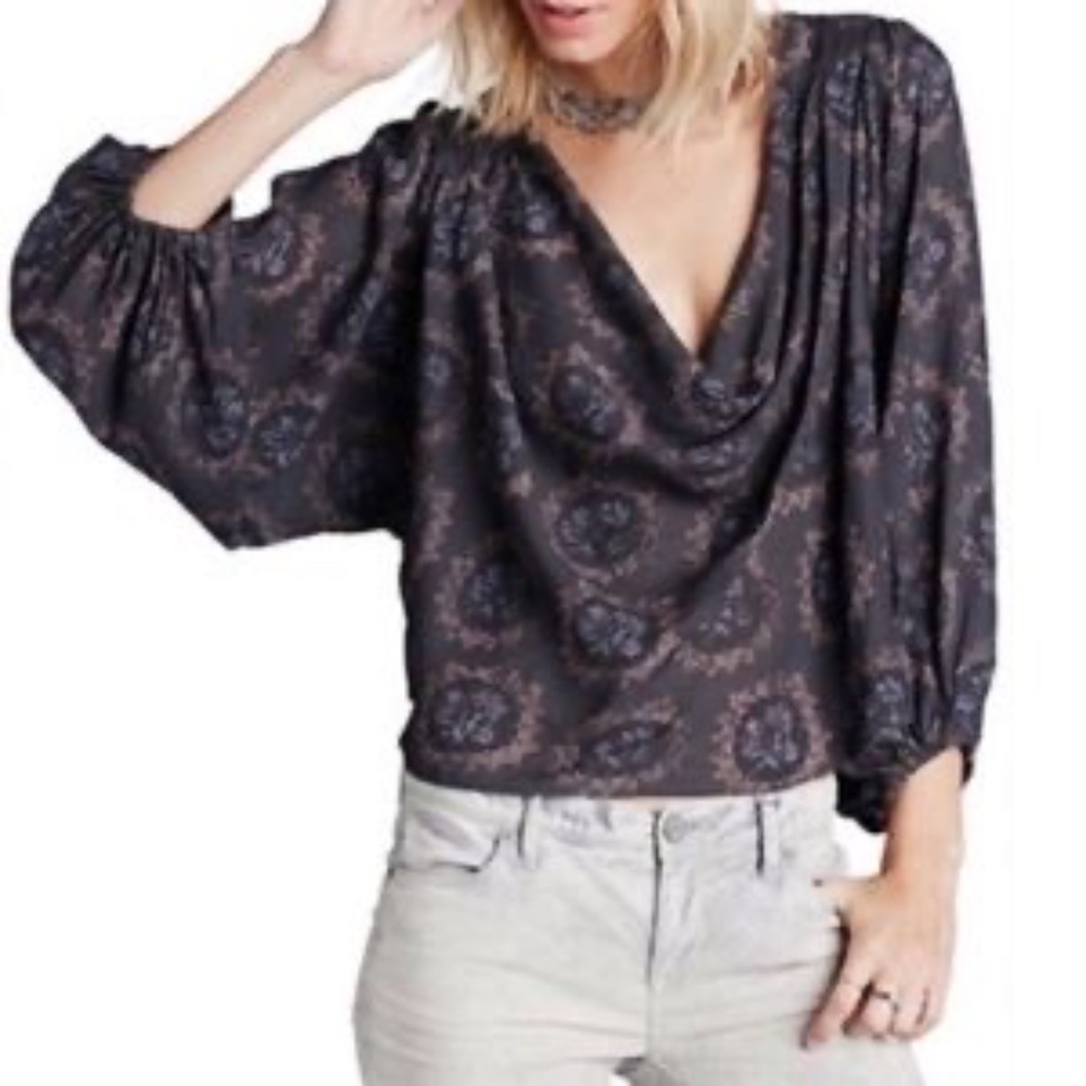 FP | Cowling Around Midnight Floral Pattern Drape Neck Boho Blouse